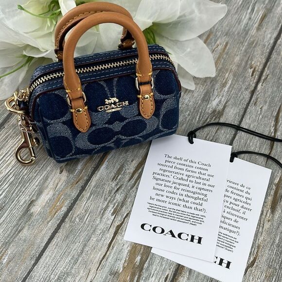Coach Mini Rowan Bag Charm In Signature Denim With Cherry Charm Purse - Picture 8 of 11
